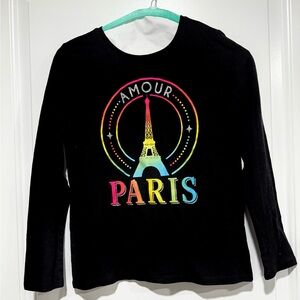 Girls, black long sleeve T-shirt.” Paris.” Never worn! Like new! Size 10/12.
